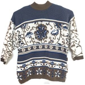 Kate Collins Sweater Womens 18W Blue‎ Brown White Floral Knit Pullover Made USA